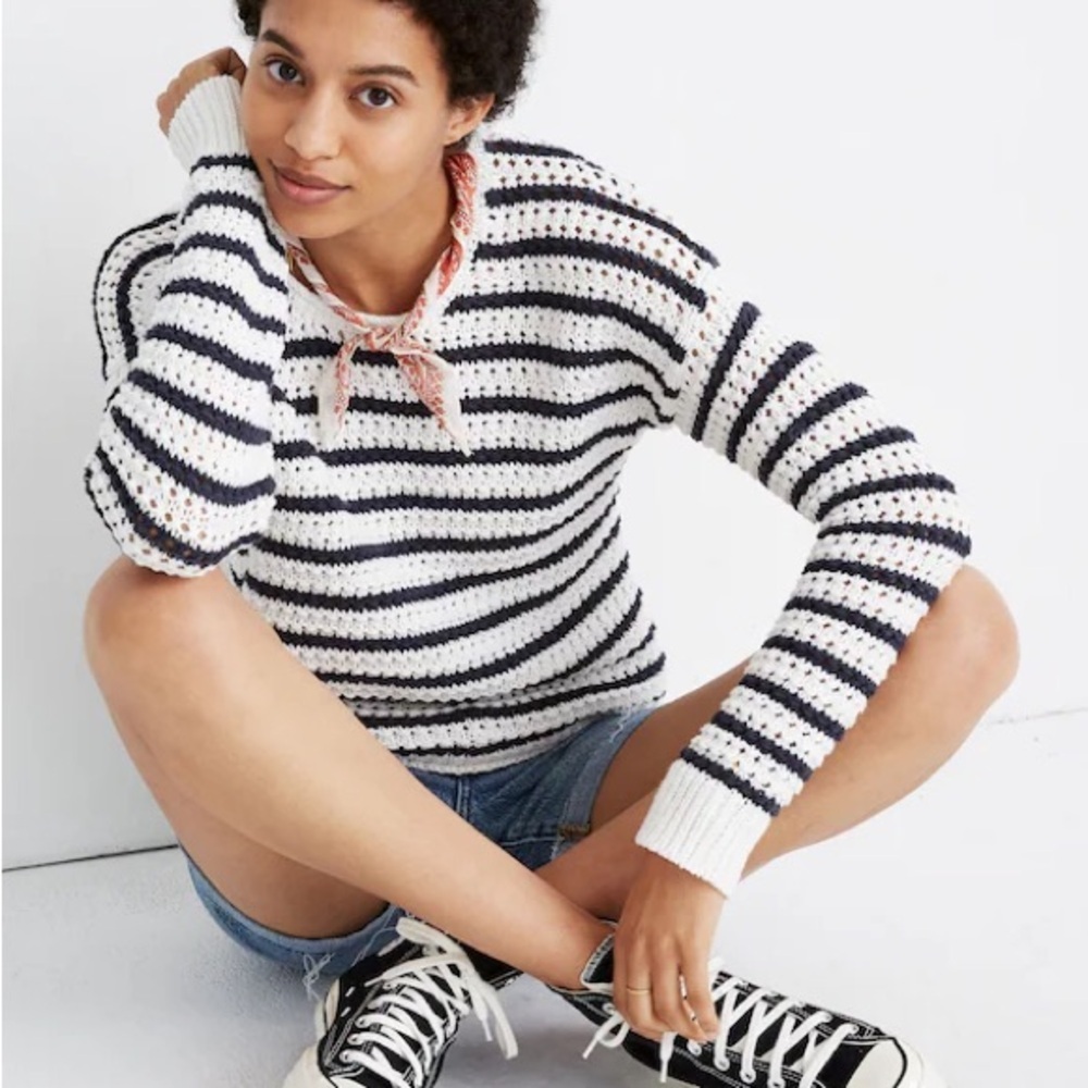 Madewell Navy and White Striped Crew Neck Sweater